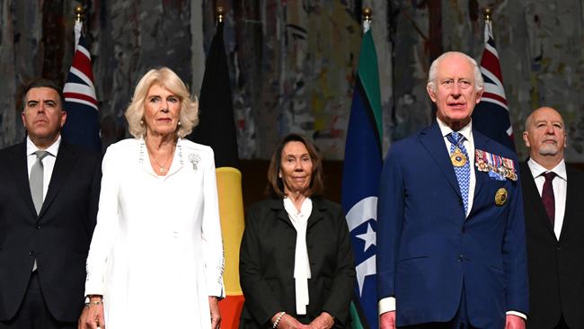 Queen Camilla and King Charles III attend a Parliamentary reception hosted by Prime Minister of Australia Anthony Albanese and Jodie Haydon on October 21, 2024 in Canberra, Australia. Picture: Lukas Coch-Pool/Getty Images