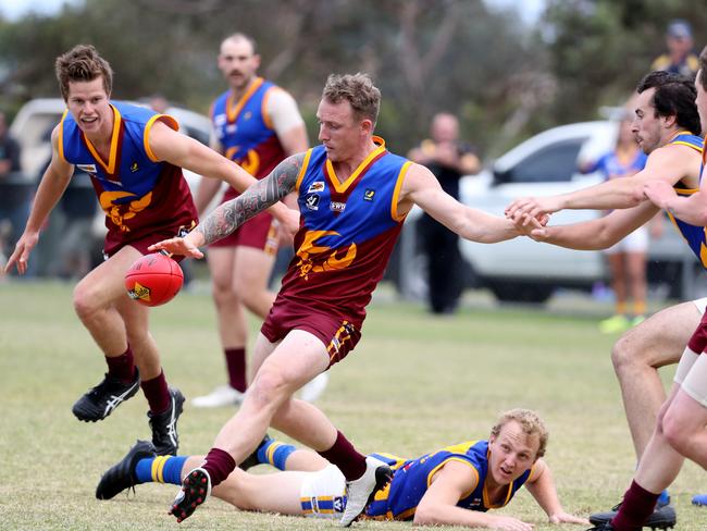 Aaron Pacey of Tyabb snaps for goal during the MPNFL Division 2 game between Tyabb and Somerville played at Bunguyan Reserve in Tyabb on Saturday 13th April, 2019.