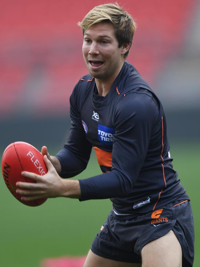 Toby Greene of the Giants continues his battle to return from a foot injury at training last month. Picture: AAP