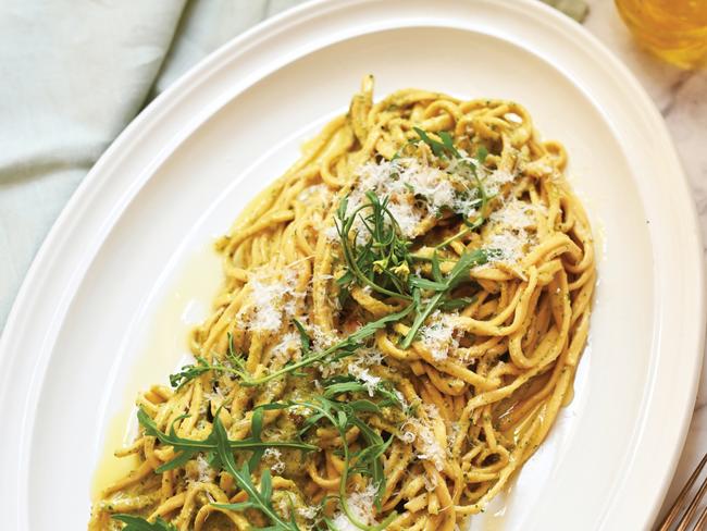 EMBARGO FOR TWAM, 25 JANUARY 2025. FEE MAY APPLY.  Pasta with Walnut and Rocket Pesto. Adriatico by Paola Bacchia (Smith Street Books, $55). Photography by Paola Bacchia