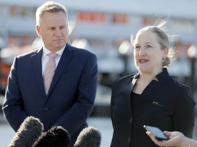 Metro Tasmania CEO Megan Morse, right, and Infrastructure Minister Jeremy Rockliff talking about progress towards a ferry service between Hobart’s CBD and the Eastern Shore. Picture: RICHARD JUPE