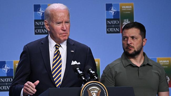 US President Joe Biden speaks alongside Ukrainian President Volodymyr Zelensky during a G7 declaration of joint support for Ukraine. Picture: Getty Images