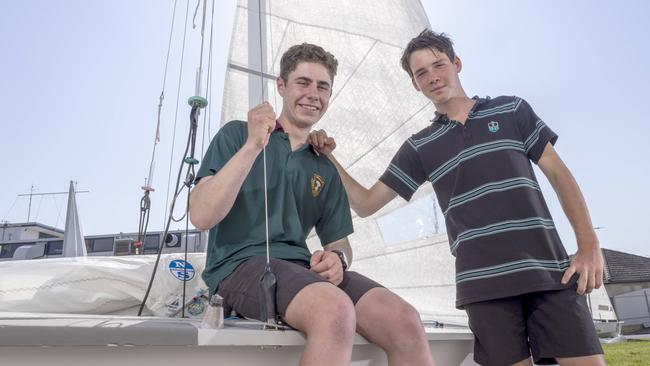 Young gun sailors Ben Hinks (18) and Carter Baker (15) at the Brighton and Seacliff Yacht Club. The two are nominees for The Advertiser, Messenger and Department for Education School Sports Awards. Picture: Kelly Barnes