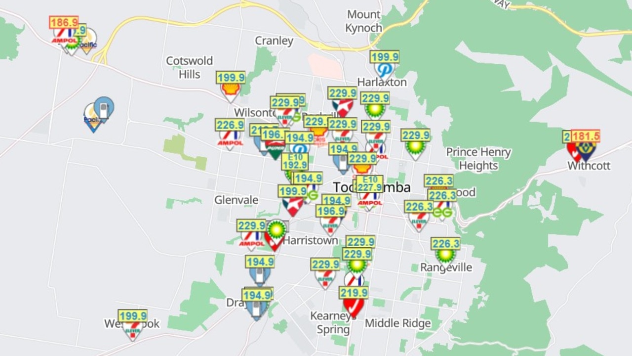 Map showing petrol prices in Toowoomba. Source: Petrol Spy
