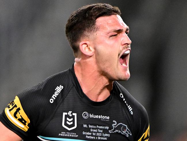 SYDNEY, AUSTRALIA - OCTOBER 01: Nathan Cleary of the Panthers celebrates scoring a try during the 2023 NRL Grand Final match between Penrith Panthers and Brisbane Broncos at Accor Stadium on October 01, 2023 in Sydney, Australia. (Photo by Bradley Kanaris/Getty Images)