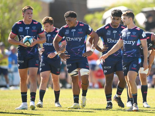 Rebels players prepare for a scrum during the Super Rugby Pacific Trial Match between Melbourne Rebels and NSW Waratahs. Picture: Morgan Hancock/Getty Images.