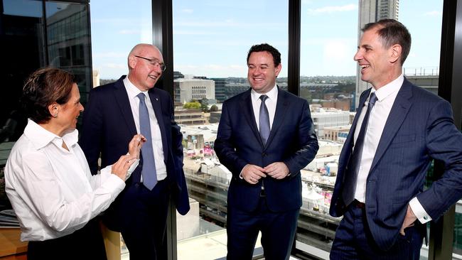 Best of the West event at Western Sydney University in Parramatta. L-R Barney Glover, Vice-Chancellor WSU, Michelle Rowland, Shadow Communications Minister, Stuart Ayres, Minister for Western Sydney and Daily Telegraph editor Ben English. Picture: Toby Zerna