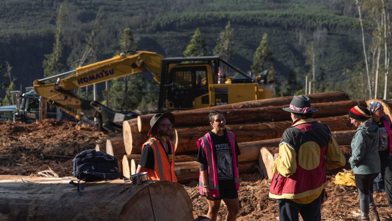 Elder Pakana Plangermairreenner Jim Everett stands with Bob Brown Foundation members in a logging coupe. Picture: Bob Brown Foundation