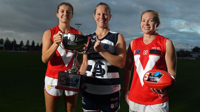 South Adelaide captain Lauren Buchanan (centre) with Roosters co-captains Nadia von Bertouch and Leah Tynan ahead of the SANFLW grand final at Glenelg Oval. Picture: Tom Huntley