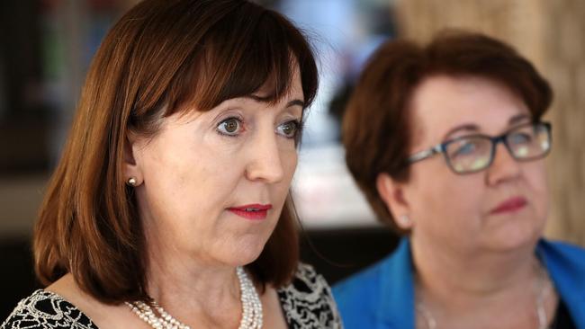 Child Development Minister Susan Close with child protection chief executive speak to media about the arrest of a Families SA carer on child-sex charges. Picture: Calum Robertson