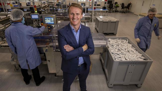 Ellume CEO Sean Parsons at the Ellume Production Facility in Brisbane on Wednesday. Photo: Glenn Hunt / The Australian