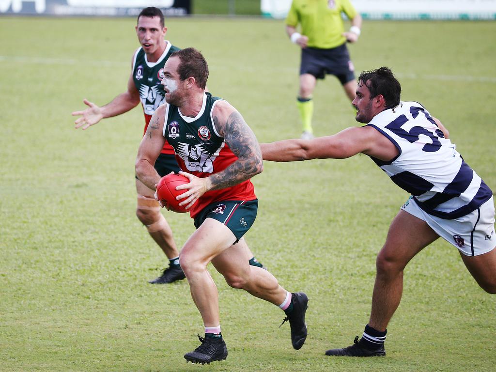 Cutters' Tully Allwood frees up the play in the AFL Cairns Premiership men's match between the South Cairns Cutters and the Port Douglas Crocs, held at Fretwell Park, Bentley Park. Picture: Brendan Radke