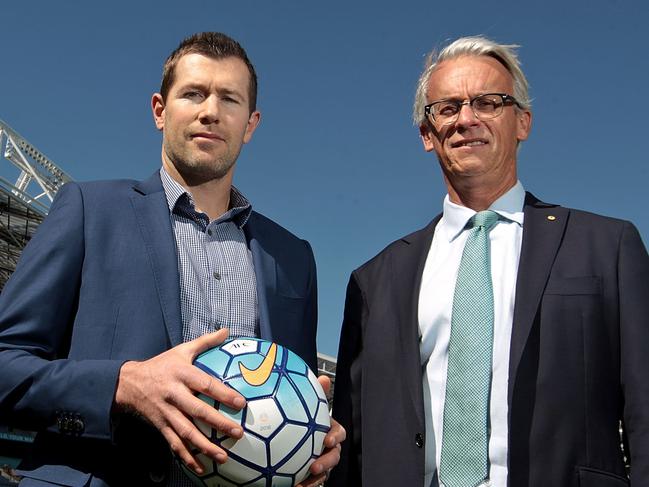 Former Socceroo Brett Emerton and FFA CEO David Gallop. Picture: Ben Rushton/Getty Images