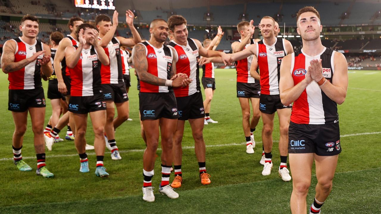 Jade Gresham leads off his teammates after his milestone game as St Kilda made if four on the trot. Picture: AFL Photos via Getty Images