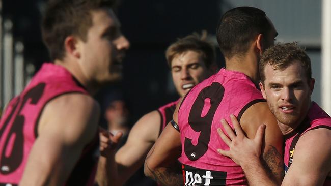 Tom Mitchell and the Hawks celebrate a goal against Greater Western Sydney. Picture: Getty Images