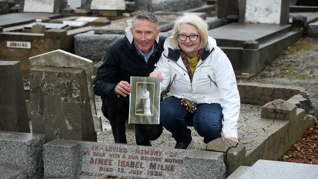 Closest living relatives of of Aimee Milne, siblings Rory Milne and Nancy Milne at the gravesite in Geelong. Picture: Alison Wynd