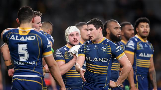 Clint Gutherson and Mitchell Moses talk things over after a Broncos try. Picture: Cameron Spencer/Getty Images