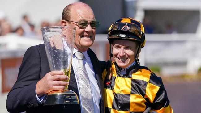 Brendan Lindsay with James McDonald after Joliestar won the Thousand Guineas in 2023. Picture: Racing Photos via Getty Images