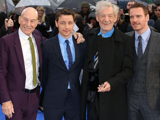 Fassbender, right, and X-Men stars Patrick Stewart, James McAvoy and Sir Ian McKellen attend the UK premiere of <i>Days of Future Past</i>.
