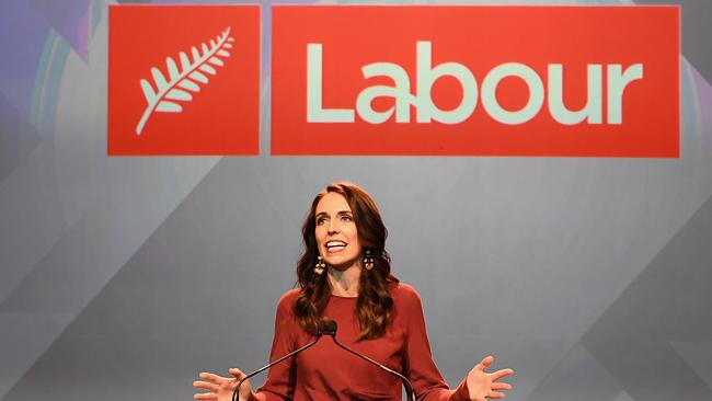 New Zealand Prime Minister Jacinda Ardern claims victory at Auckland Town Hall.