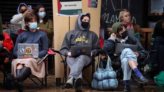 Students and staff at Melbourne University continue to protest for Palestine at the Arts West building. Picture: Mark Stewart