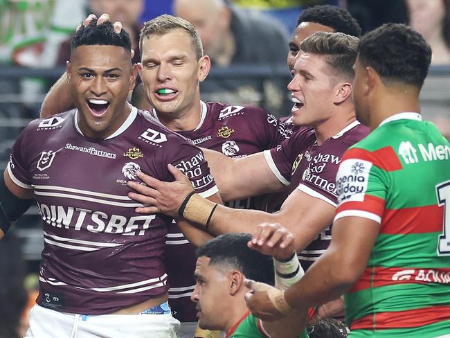 Haumole Olakau'atu celebrates his try. (Photo by Ezra Shaw/Getty Images)