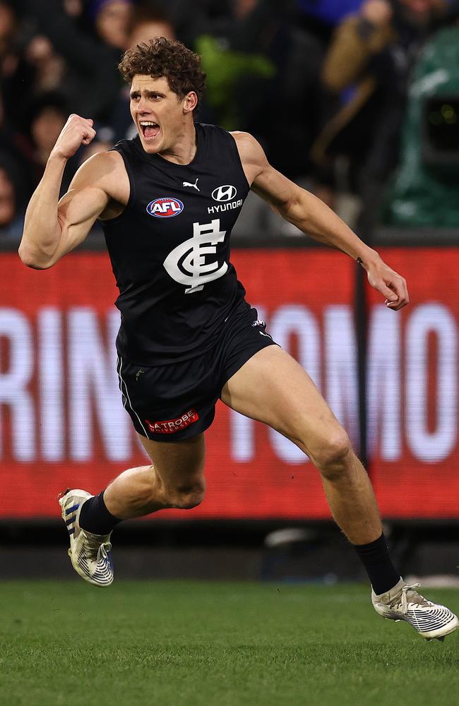 Charlie Curnow of the Blues celebrates a 2nd quarter goal against Geelong . Picture: Michael Klein