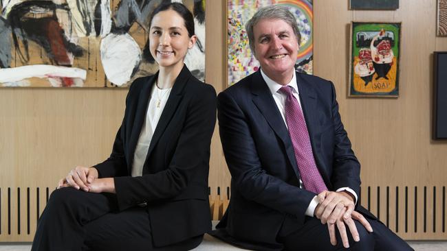 Baker McKenzie managing partner Anthony Foley and graduate hire Lara Ilic, who says complex factors influence women progressing to partnership. Picture: NewsWire / Monique Harmer