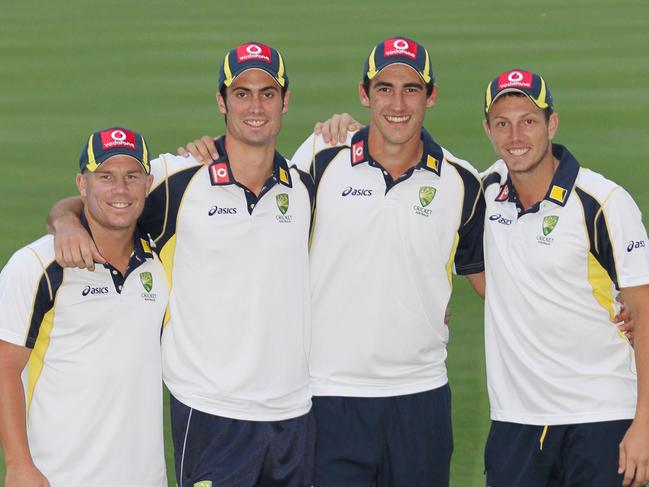 David Warner, Ben Cutting, Mitchell Starc and James Pattison after being called into the Aussie squad. Picture: Lisa Clarke