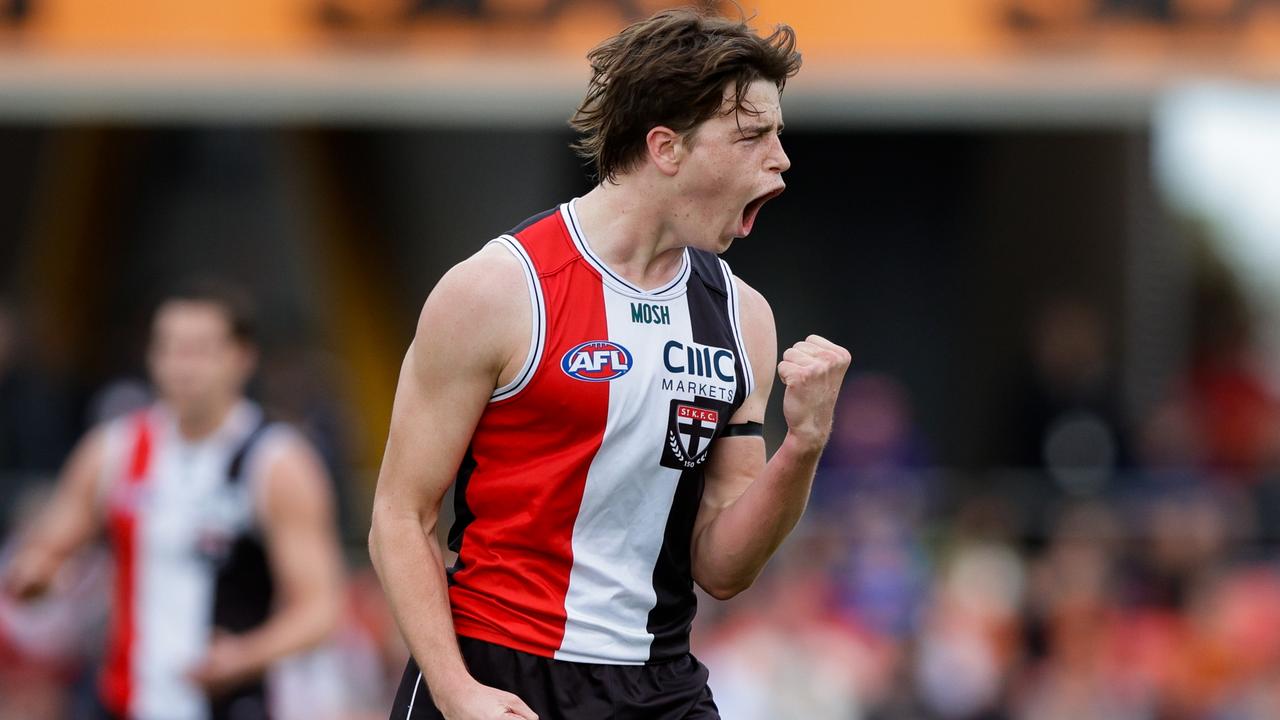 Mattaes Phillipou celebrates a goal before being subbed off against the Suns. Picture: Russell Freeman/AFL Photos via Getty Images