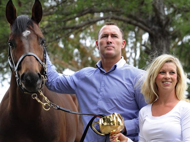 Melb Cup winner Protectionist arrives at his new home in Newcastle at Kris Lees stable. Jamie and Kellie Lovett with ' Protectionist'.