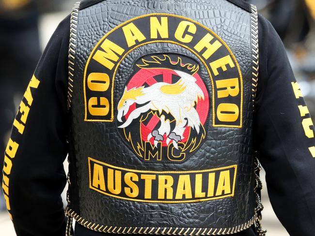 MELBOURNE, AUSTRALIA - NewsWire Photos, JANUARY 29, 2022. Comanchero watched by police leave for their OMCG run between Hallam and Truganina. Saturday, January 29, 2021. Logo, Jacket, Generic. Picture: NCA NewsWire / David Crosling