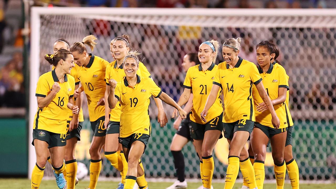 Hayley Raso celebrates with her Matildas teammates after scoring a goal against New Zealand. Picture: Getty