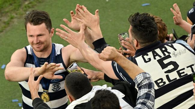 Patrick Dangerfield greets fans after the AFL Grand Final. Picture: Morgan Hancock