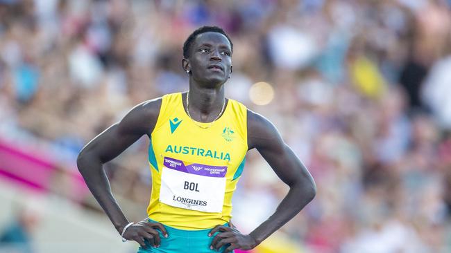 BIRMINGHAM, ENGLAND - AUGUST 7: Peter Bol of Australia before the start of the Men's 800m Final during the Athletics competition at Alexander Stadium during the Birmingham 2022 Commonwealth Games on August 7, 2022, in Birmingham, England. (Photo by Tim Clayton/Corbis via Getty Images)