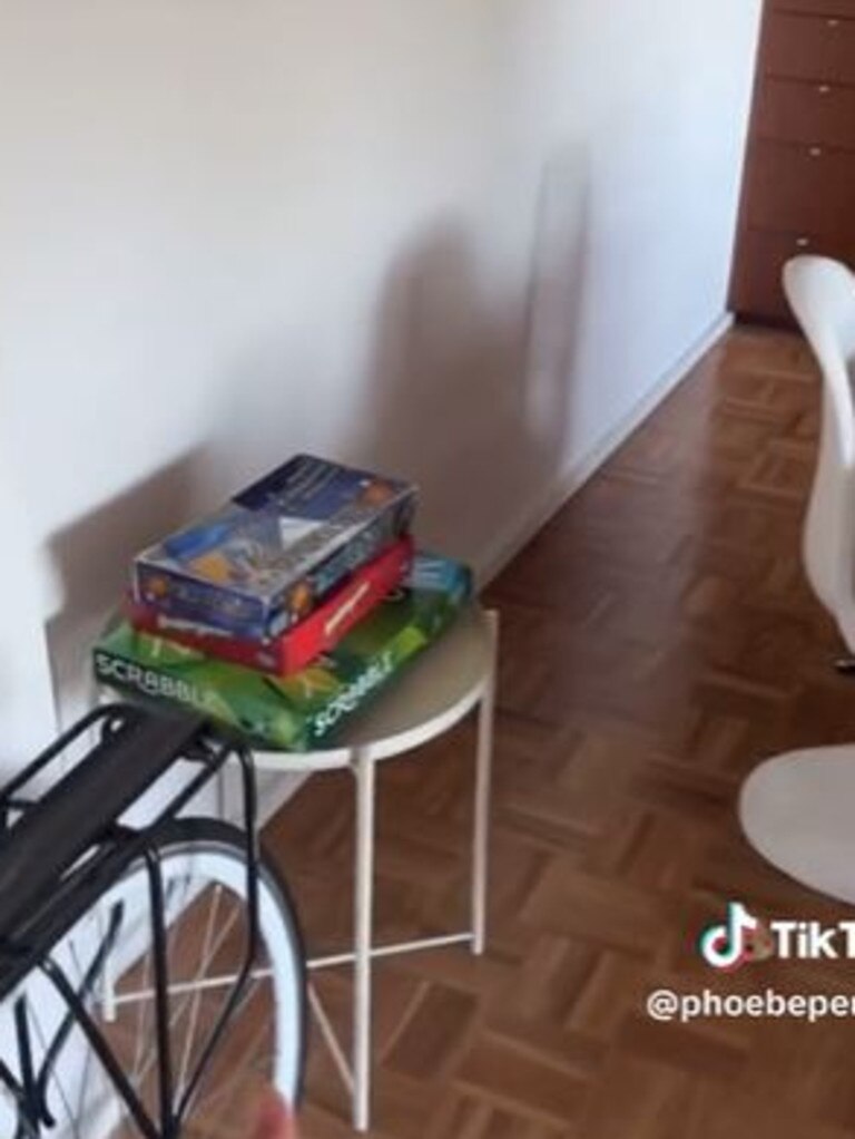 The outdoor bike was brought in to clutter the place. Picture: Tik Tok