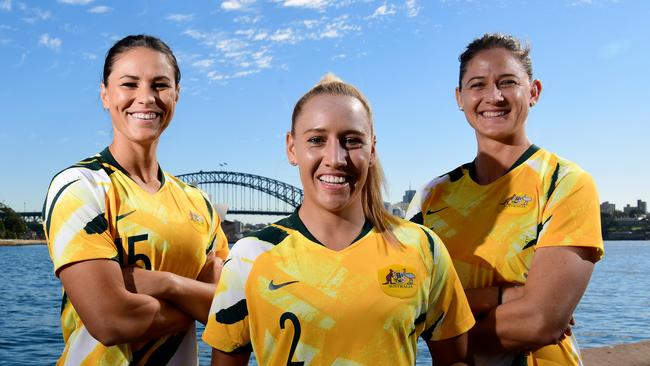 Matildas players Emily Gielnick (from left), Gemma Simon and Laura Alleyway will be free to watch on Optus Sport for schoolchildren. Picture: AAP