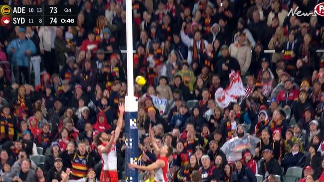 Ben Keays’ goal was incorrectly deemed a point in the Crows’ clash against Sydney at Adelaide Oval. Picture: Fox Sports