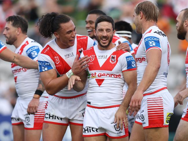 Ben Hunt and Raymond Faitala-Mariner of the Dragons celebrate a try. Picture: Getty Images