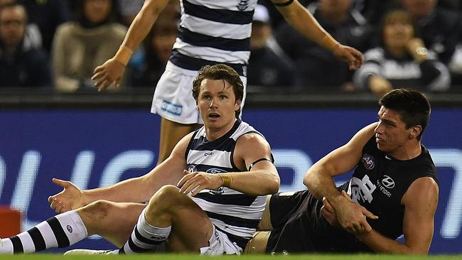 Patrick Dangerfield will face scrutiny for his tackle on Matthew Kreuzer. Picture: AAP