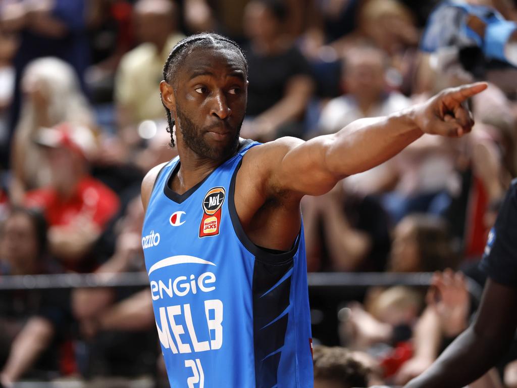 Melbourne United’s Ian Clark singles out the fan during Saturday night’s game. Picture: Getty