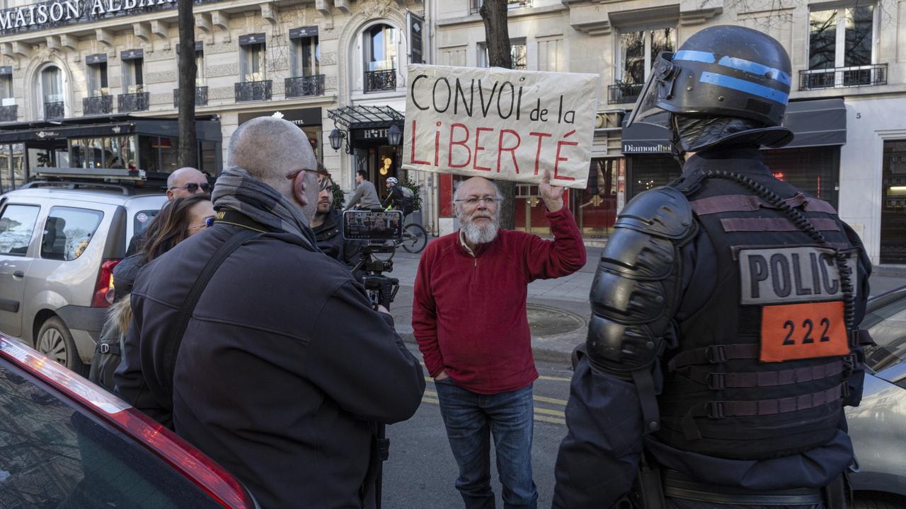 Members of a ‘Freedom Convoy’ block a road leading to the Arc de Triomphe. Picture: Sam Tarling/Getty Images