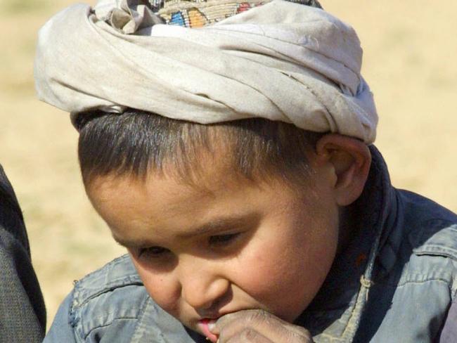 An Afghan boy tastes a plant while looking for edible roots near the refugee camp Sakhi, in Afghanistan Jan. 25, 2002. (AP PicSergei/Grits) children o/seas refugees