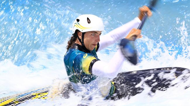 Australian canoeist and kayaker Jess Fox tries out the Tokyo Games course on Tuesday. Picture: Adam Head