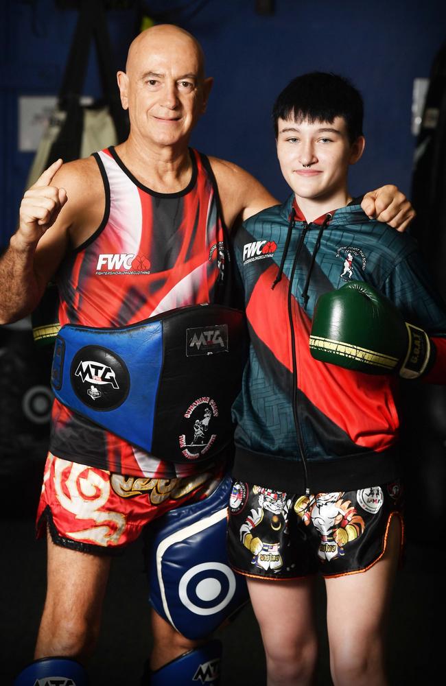 Sunshine Coast Thai boxing head coach Joe Hilton with fighter Skylah Hamill. Photo: Patrick Woods.