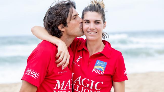 Nacho Figueras and Delfina Blaquier at the Magic Millions Barrier Draw. Picture: Luke Marsden.