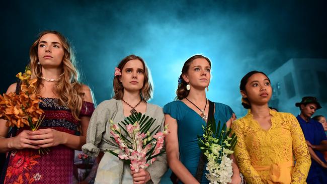 Saskia Archer as Hanabeth Luke, Elizabeth Cullen as Nicole McLean, Sophia Forrest as Natalie Goold and Sri Ayu Jati Kartika as Ni-Luh Erniati in Bali 2002. Picture: Tony Mott