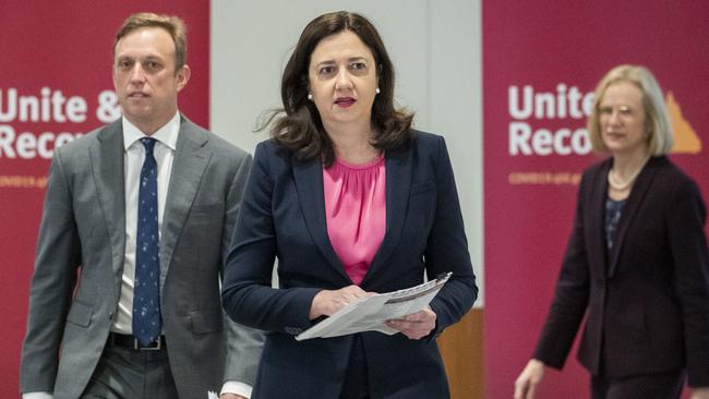 Deputy Premier Steven Miles, Queensland Premier Annastacia Palaszczuk and Chief Health Officer Dr Jeannette Young arrive to speak to the media. Picture: AAP Image/Glenn Hunt