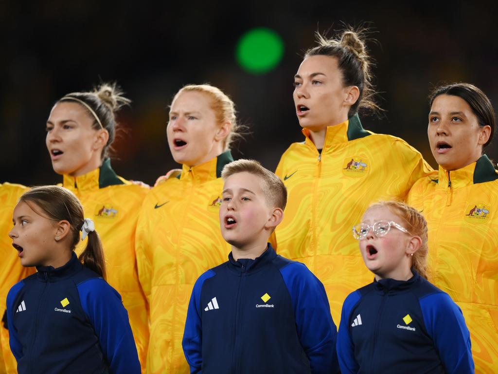 Matildas (back from left) Steph Catley, Clare Polkinghorne, Mackenzie Arnold and Sam Kerr want to finish the World Cup on a high. Picture: Justin Setterfield/Getty Images