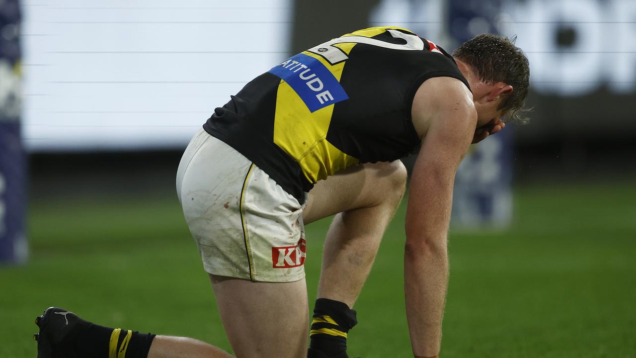 Tigers veteran Dylan Grimes looks dejected after the loss to Collingwood. Picture: Daniel Pockett